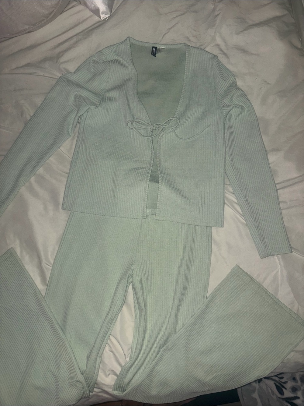 H&M Ribbed Tie-Front Lounge Set in Mint